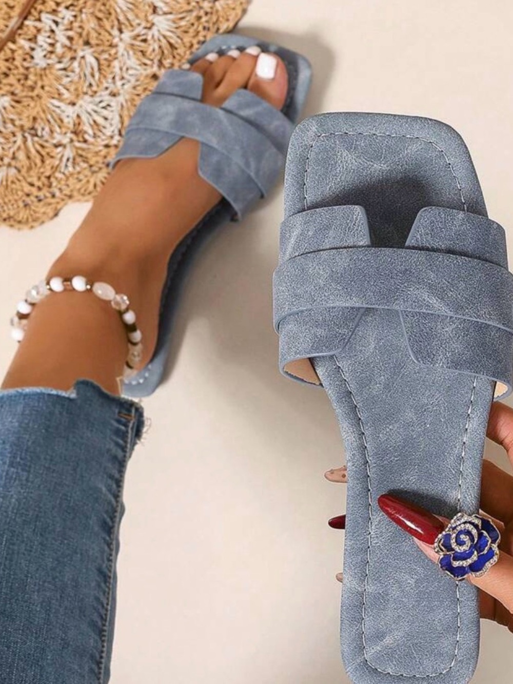 Women's Blue Suede Slide Sandals